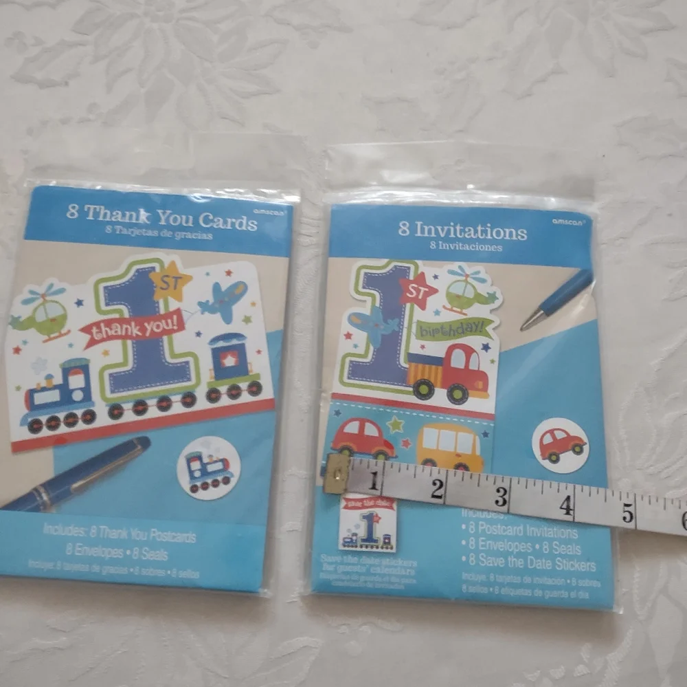 1st Birthday 8 invitations stickers  + 8 Thank You cards train airplanes cars